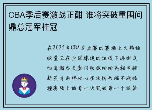 CBA季后赛激战正酣 谁将突破重围问鼎总冠军桂冠