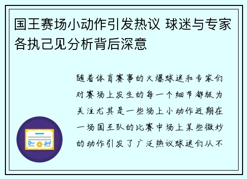 国王赛场小动作引发热议 球迷与专家各执己见分析背后深意