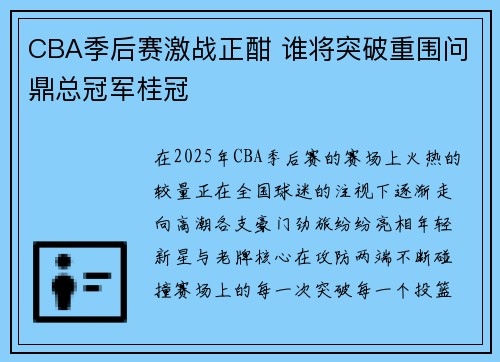 CBA季后赛激战正酣 谁将突破重围问鼎总冠军桂冠