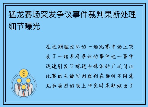 猛龙赛场突发争议事件裁判果断处理细节曝光